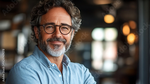 Confident Mature Man with Grey Hair and Glasses Smiling in a Coffee Shop