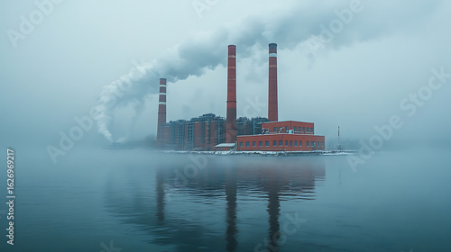 Industrial Power Plant on a Misty River in Winter