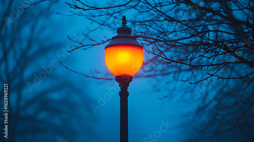 Glowing Amber Streetlight at Dusk, Winter Branches