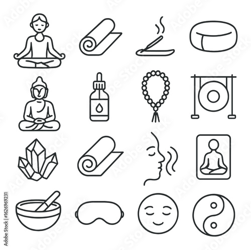 Minimalist icons for meditation and wellness with yoga, incense, and crystals