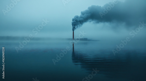 Industrial Smokestack on Foggy River Environmental Pollution and Climate Change