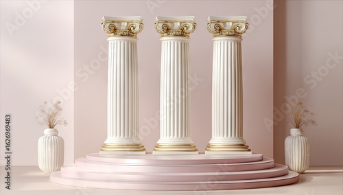 Three elegant white columns with golden details on a tiered pink pedestal.