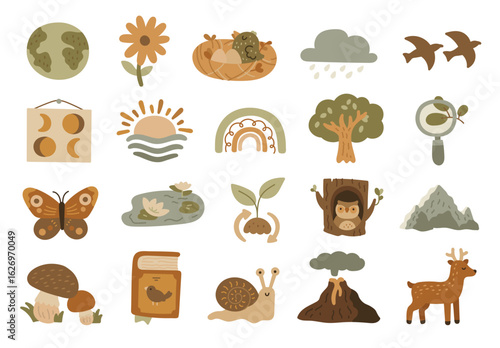 Natural science set in scandinavian style with showing earth, animals, plants, mountains, forest, clouds. sun, moon, volcano for your creative designs projects