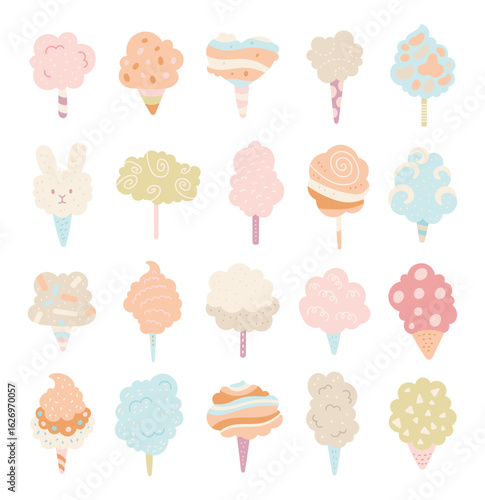 Cotton candy set in scandinavian style with different shapes, dessert, confection on stick, food and snack ideas, perfect for your illustration and creative design projects.