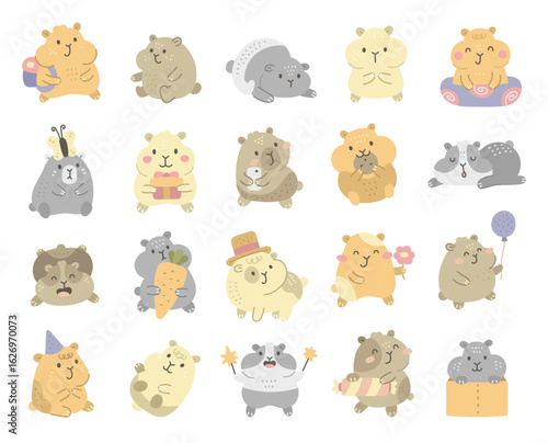 Hamster character set in scandinavian style with different emotions poses holding objects including backpack, smartphone, cookie, carrot, flower, balloon, party hat, sparkler and box