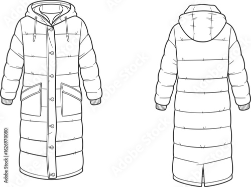Long puffer coat with hood, winter jacket illustration, front and back view