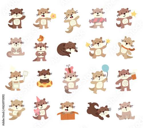 Otter character set in scandinavian style with different emotions poses holding objects including flower, candy, gift, spatula, scarf, balloon, party hat, sparkler and box for designs projects
