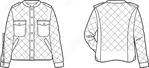 Quilted jacket front back view, fashion drawing, garment sketch, trendy outerwear