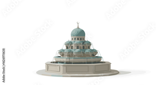 Elegant 3D rendering of a traditional Islamic-style water fountain with turquoise domes and cascading water, isolated on a white background for design