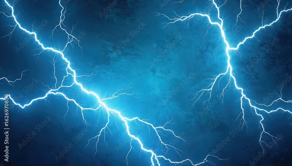 Fototapeta premium Dynamic blue background with bright white thunder lightning bolts. Features comic book style energy bursts, ideal for dramatic dialog, captions, action scenes. Offers vibrant electric power, retro