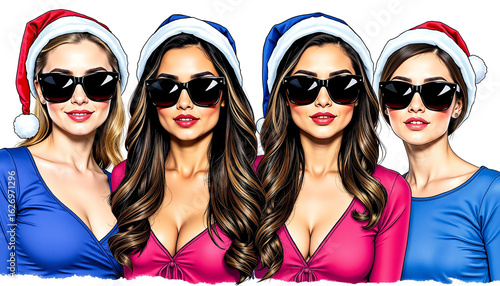 Four women wearing Christmas hats and sunglasses in bright outfits  