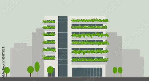 Modern urban green building with vertical garden facade and sustainable design. Vector illustration