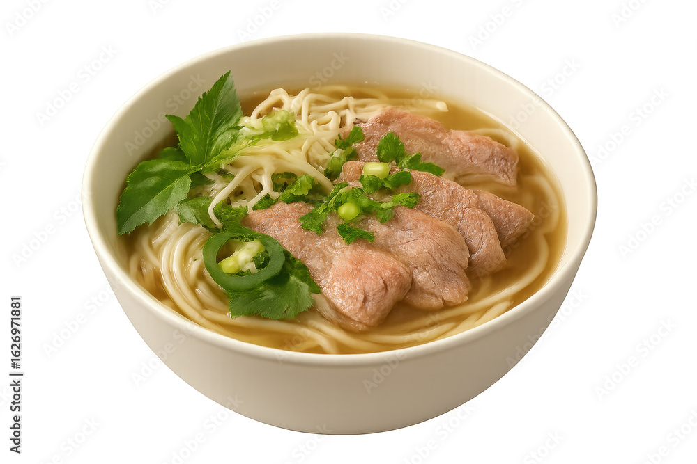 Steaming pork noodle soup garnished with fresh herbs, displaying vibrant flavors against transparent backdrop Steaming pork noodle soup garnished with fresh herbs, displaying vibrant flavors against transparent backdrop