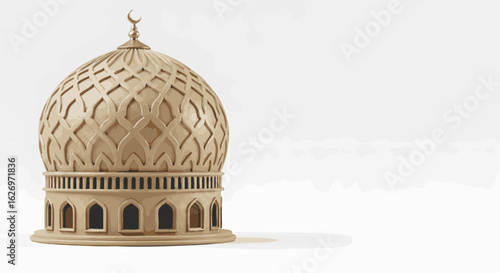 Elegant beige dome of a mosque with Islamic geometric patterns and a crescent moon, isolated on a white background with copy space for religious greetings