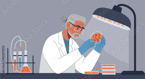 Elderly caucasian male scientist examining petri dish under lab light. Vector illustration