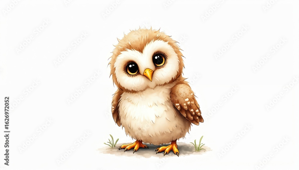 Naklejka premium Cute watercolor illustration of baby owl chick with big dark eyes, fluffy brown feathers. Adorable avian stands on patch of grass against clean white background, perfect for children books nature