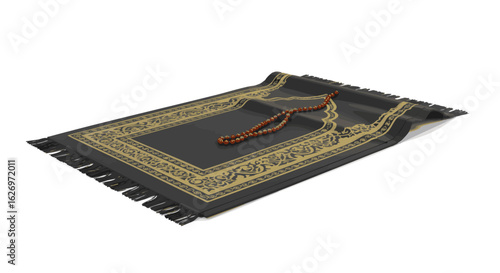 Elegant black and gold Islamic prayer mat with tasbih beads for Muslim worship, isolated on a white background for spiritual design concepts