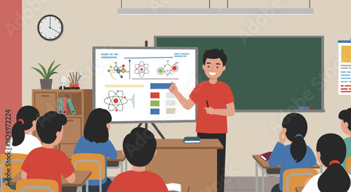 Male asian young teacher explains chemistry concepts to diverse students in classroom setting. Vector illustration