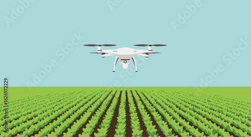 Aerial drone flying over green agricultural field for precision farming technology. Vector illustration