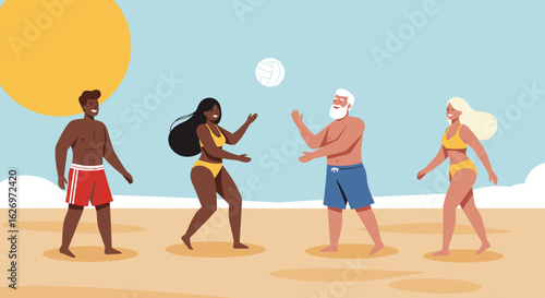 Diverse group of friends playing volleyball on sunny beach day. Vector illustration