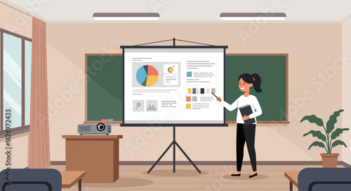 Female educator presenting data in classroom with projector and charts. Vector illustration