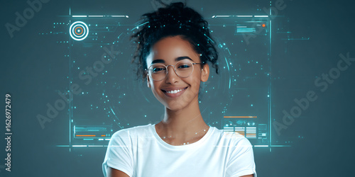 woman smiling with digital media press kit on screen