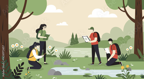 Diverse group of young adults exploring nature and studying by a stream. Vector illustration