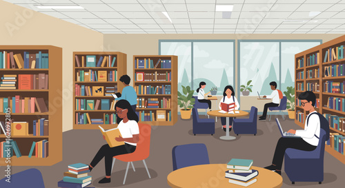 Diverse group of young adults studying and reading in a modern library setting. Vector illustration