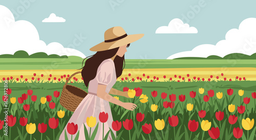Young caucasian female in straw hat enjoying tulip field on a sunny spring day. Vector illustration
