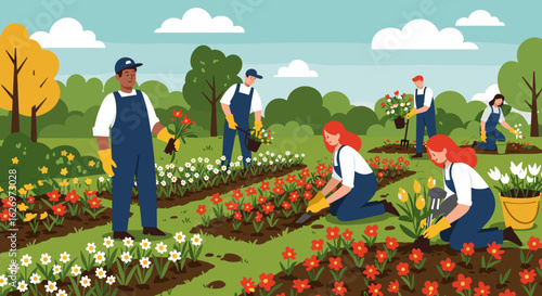 Diverse group of gardeners planting and watering flowers in sunny park landscape. Vector illustration