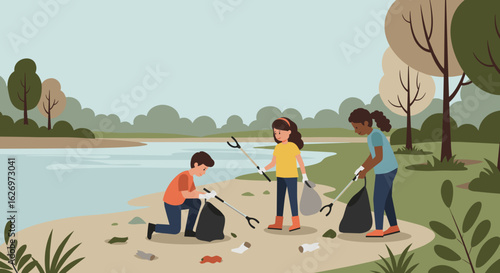 Children cleaning lake shore with trash pickers promoting environmental awareness. Vector illustration