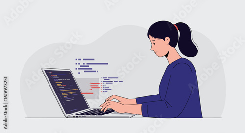 Asian female coder programming on laptop with code display, young professional in tech. Vector illustration