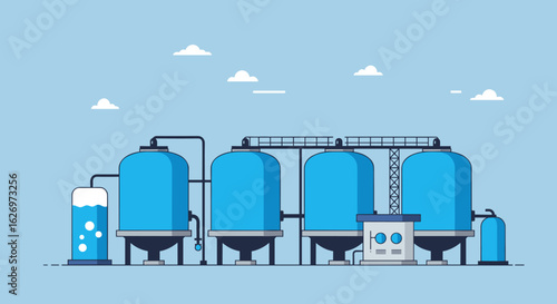 Industrial brewery tanks and equipment against a clear blue sky background. Vector illustration