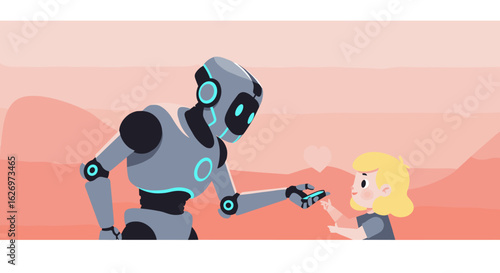 Interaction between humanoid robot and caucasian child in futuristic setting. Vector illustration