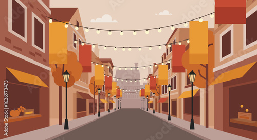Charming autumn street with festive lights and colorful banner decorations. Vector illustration