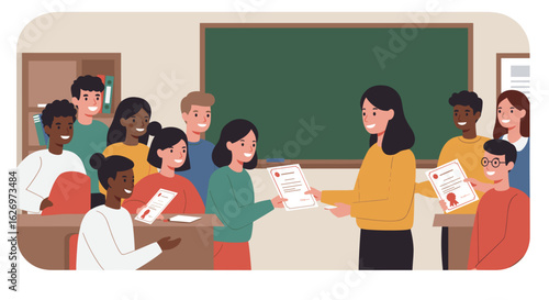 Female teacher awarding certificates to diverse teen students in classroom setting. Vector illustration
