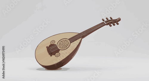 A realistic 3D render of a traditional Arabic Oud, a classic pear-shaped stringed musical instrument isolated on a clean white background