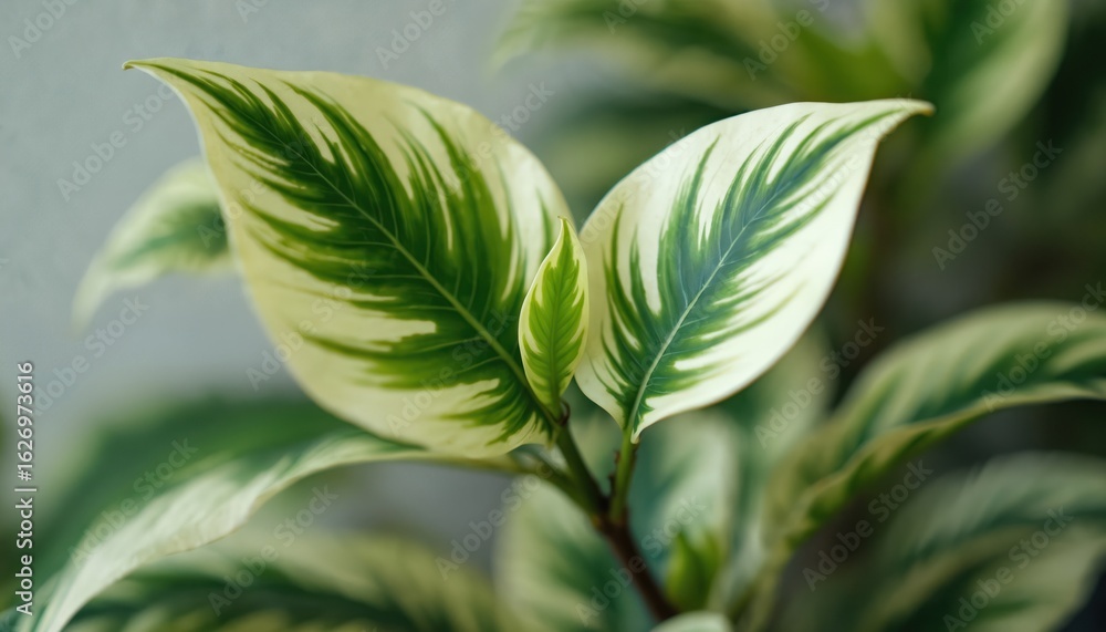 Obraz premium Close-up shot of variegated Ficus Benjamina plant leaves showing green, white patterns. Tropical plant features intricate veining on smooth, waxy foliage perfect for home decor botanical studies.