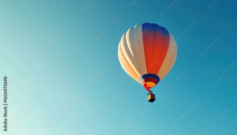 Fototapeta premium Colorful hot air balloon ascends in clear blue sky. Vibrant red, white, blue stripes. Wicker basket hangs below. Peaceful flight signifies adventure, freedom, travel, exploration, and summer vacation.