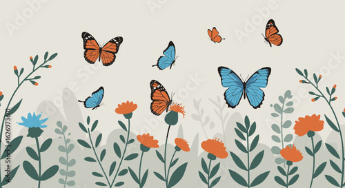 Vibrant butterflies and colorful blossoms in a lush garden setting. Vector illustration