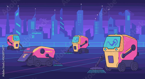 Futuristic robotic street cleaners in neon cityscape at night. Vector illustration