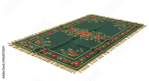 Traditional green Islamic prayer rug with intricate red and gold floral embroidery. Sajjāda mat for Muslim worship, vector graphic illustration isolated on white ee (372).eps