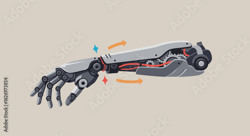 Futuristic robotic arm with exposed mechanical components and gears in motion. Vector illustration
