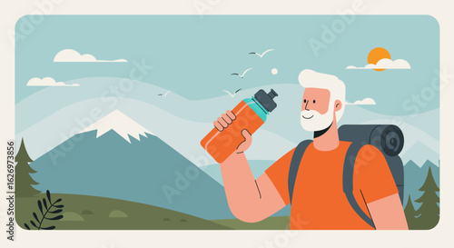 Elderly caucasian male hiker enjoying mountain view with water bottle and gear. Vector illustration