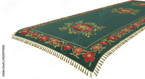 Elegant green table runner with traditional red and gold floral embroidery and fringe, presented in a perspective view. Vector illustration