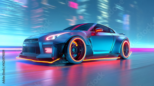 futuristic neon sports car driving in glowing city