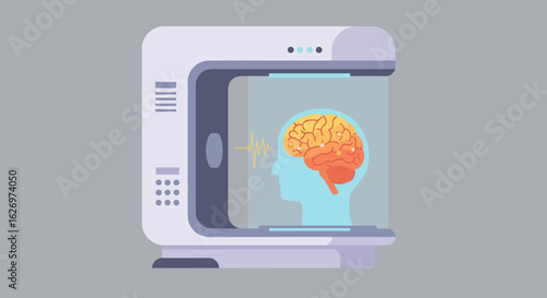 Brain scan imagery in modern mri machine showing human head and brain activity. Vector illustration
