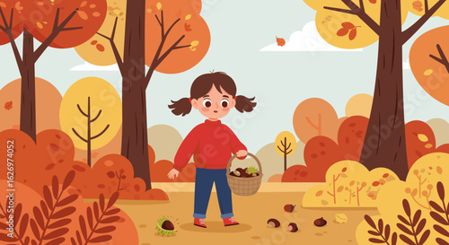Young caucasian girl collecting autumn acorns in forest setting. Vector illustration