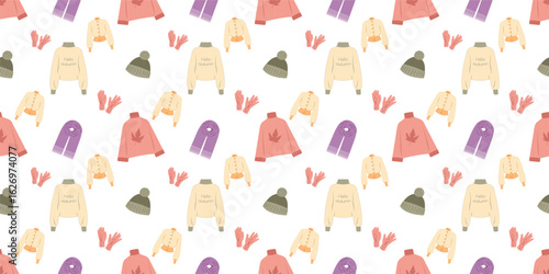 Fall clothing seamless pattern with jumpers, sweaters, cap, scarves and gloves in flat design. Autumn vector illustration for creative marketing materials