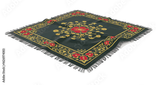 A traditional square Slavic shawl with an intricate red and gold floral pattern and fringe. Ethnic folk art textile design isolated on a white background